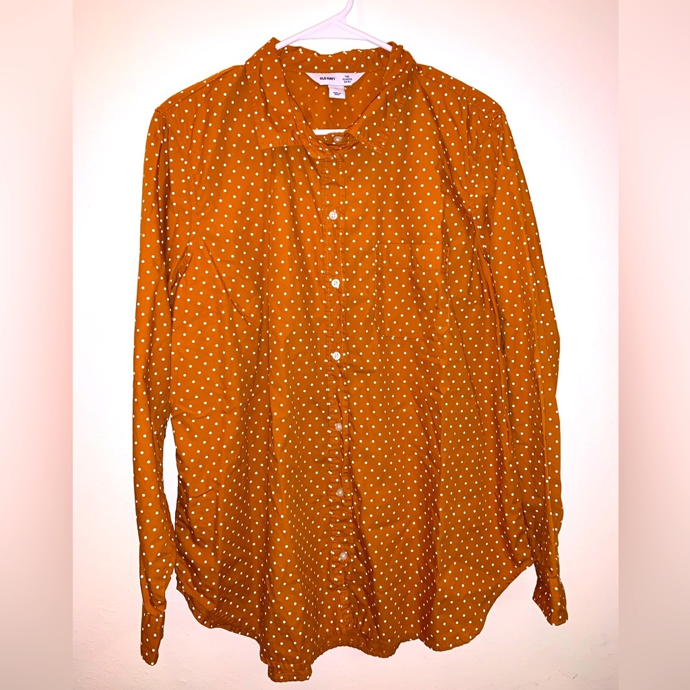 (XL) NWOT Old Navy Mustard Yellow Polka Dot Button Down Long Sleeve Shir…
